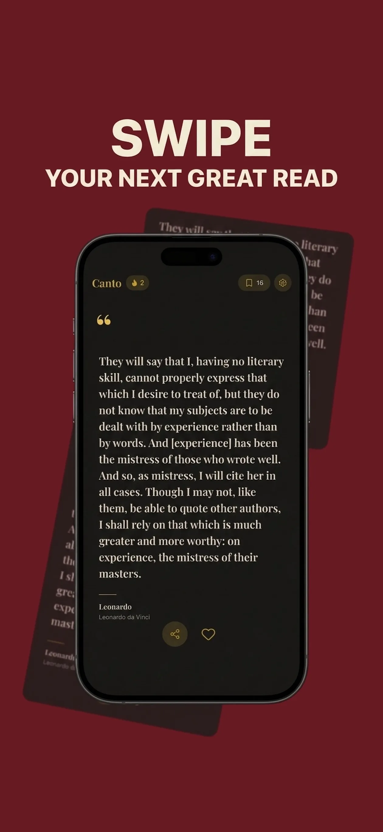 Canto's quote feed showing a passage from Leonardo da Vinci with a burgundy background and streak counter.