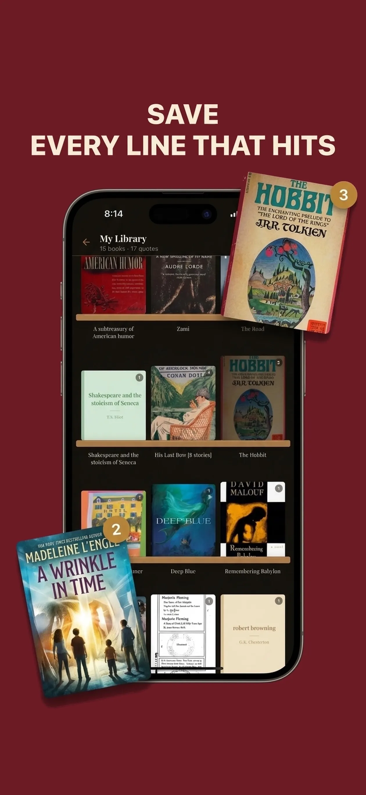 Canto's My Library screen with bookmarked quotes grouped by book.