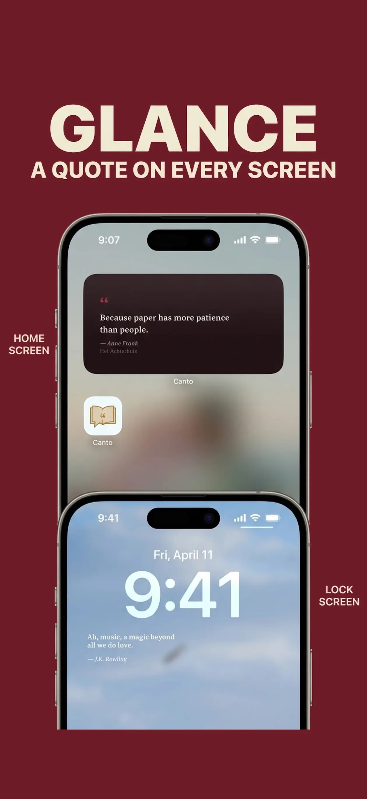 Two Canto widgets — a home-screen medium widget and a rectangular lock-screen widget — showing an Anne Frank quote.