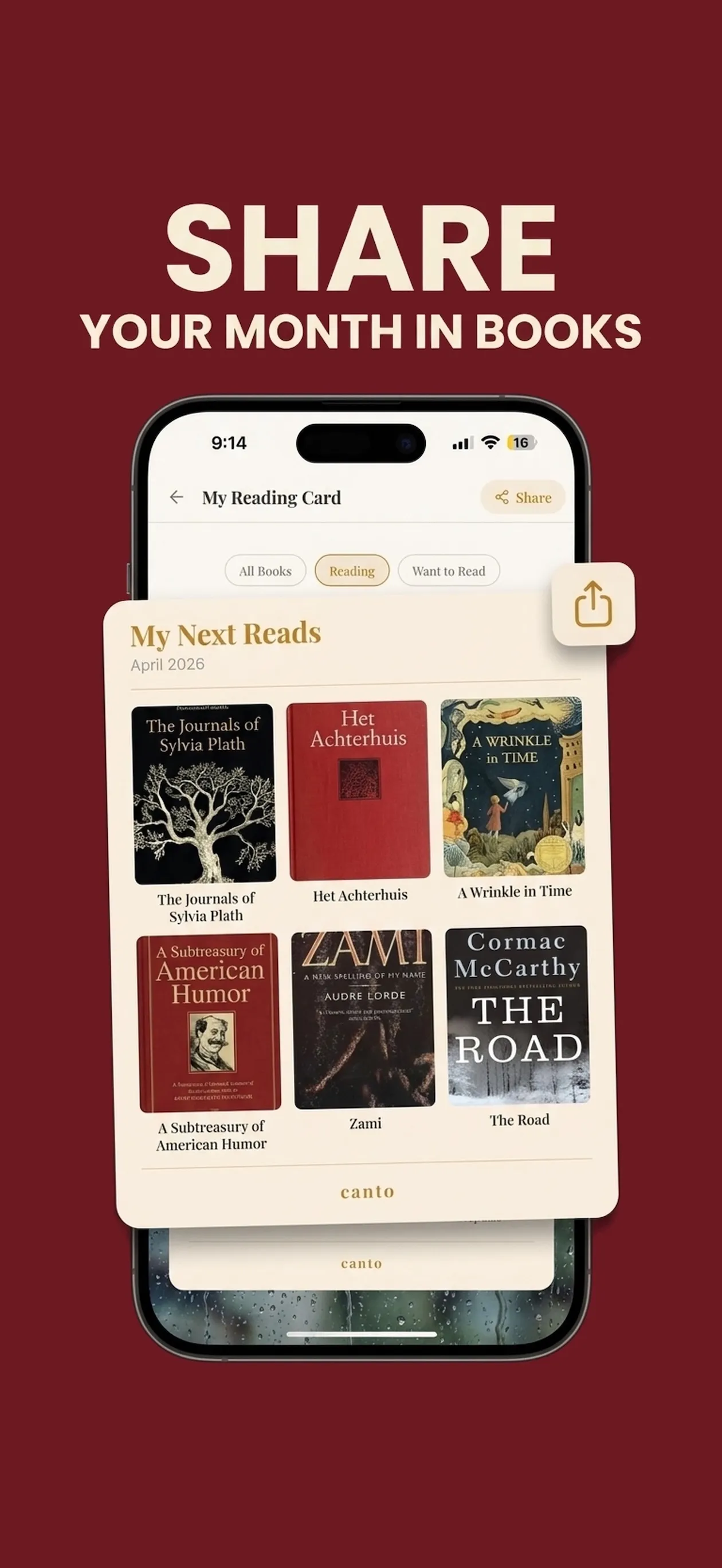 Canto's monthly reading card with book covers, saved quotes, and a minimalist caption.